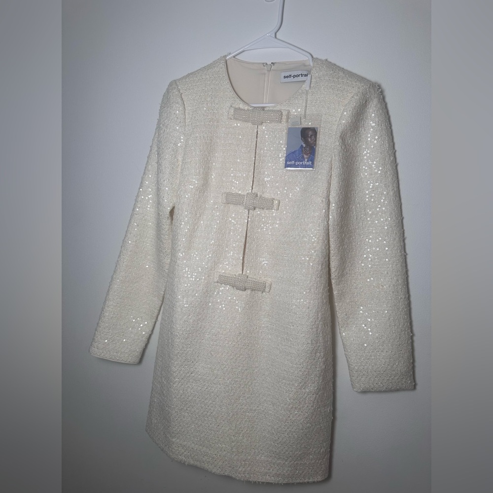 Self-Portrait Cream Bodycon Dress with Mock Neck and Bishop Sleeves - Picture 6 of 6